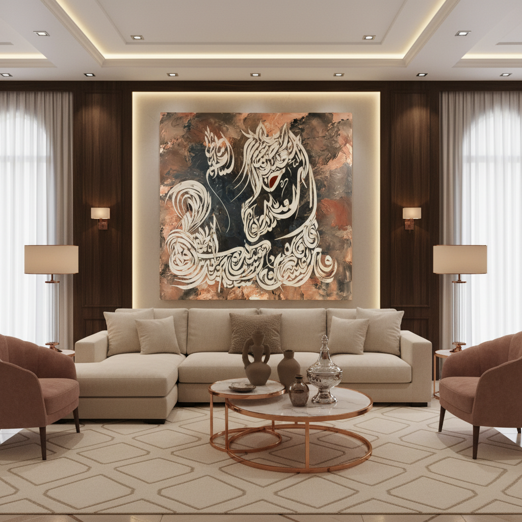 Frameless square Arabic calligraphy canvas art displayed in luxury living room interior