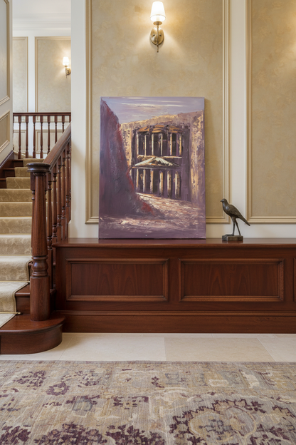 Petra Treasury oil painting staged on luxury staircase ledge – no frame