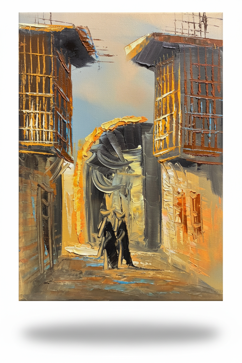 Under the arch old town oil painting with transparent background and soft drop shadow – no frame