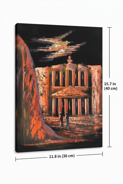 Petra Treasury crimson copper night canvas art with dimensions 11.8 inches wide x 15.7 inches tall 30cm x 40cm