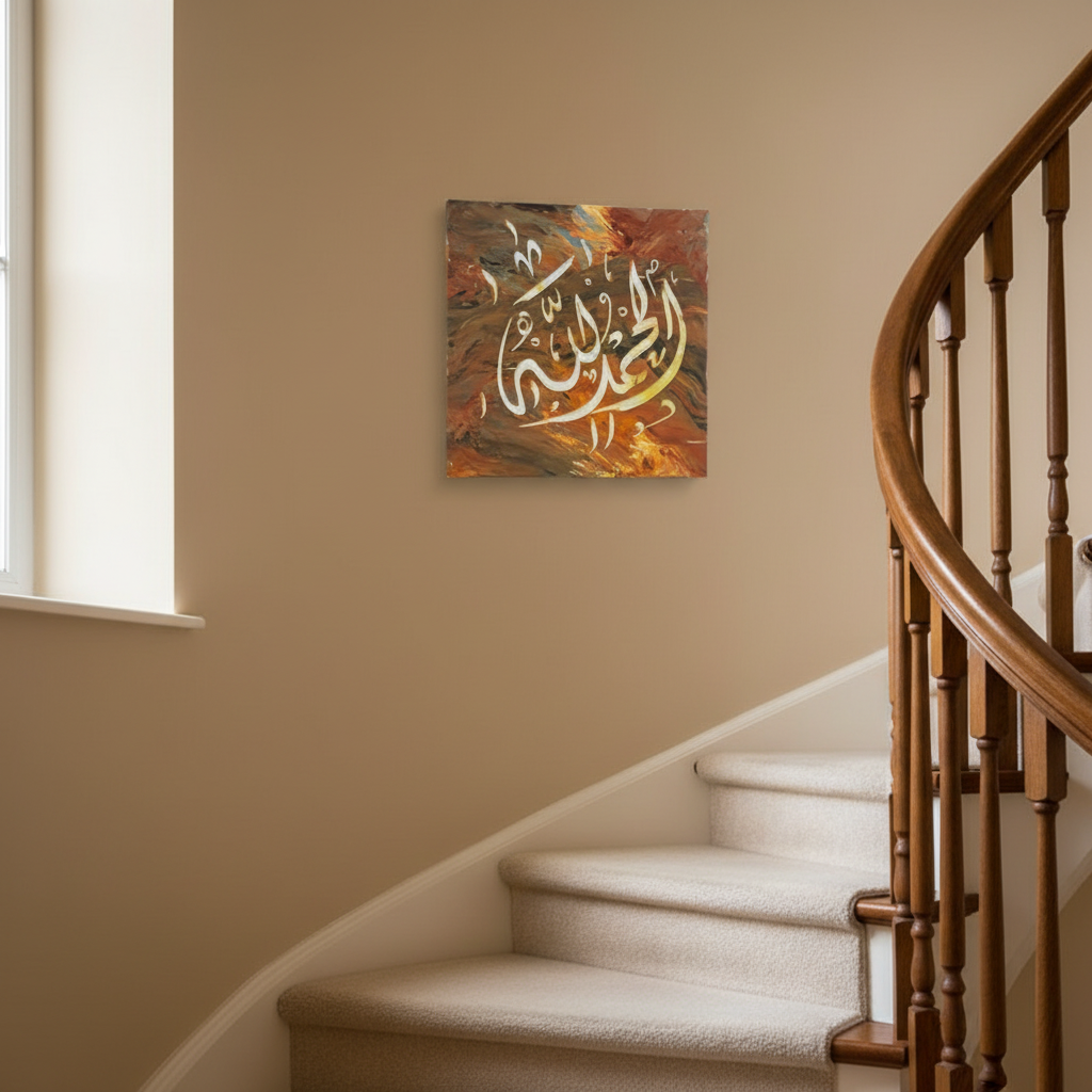 Alhamdulillah calligraphy canvas hung on a staircase wall at realistic scale