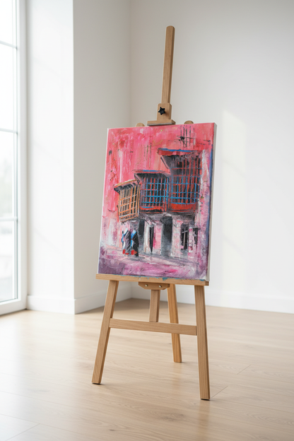 Original pink shanasheel building oil painting displayed on wooden easel stand in bright modern interior