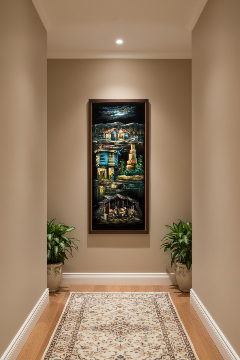 Middle Eastern village painting displayed in elegant hallway interior