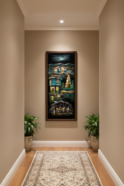 Middle Eastern village painting displayed in elegant hallway interior