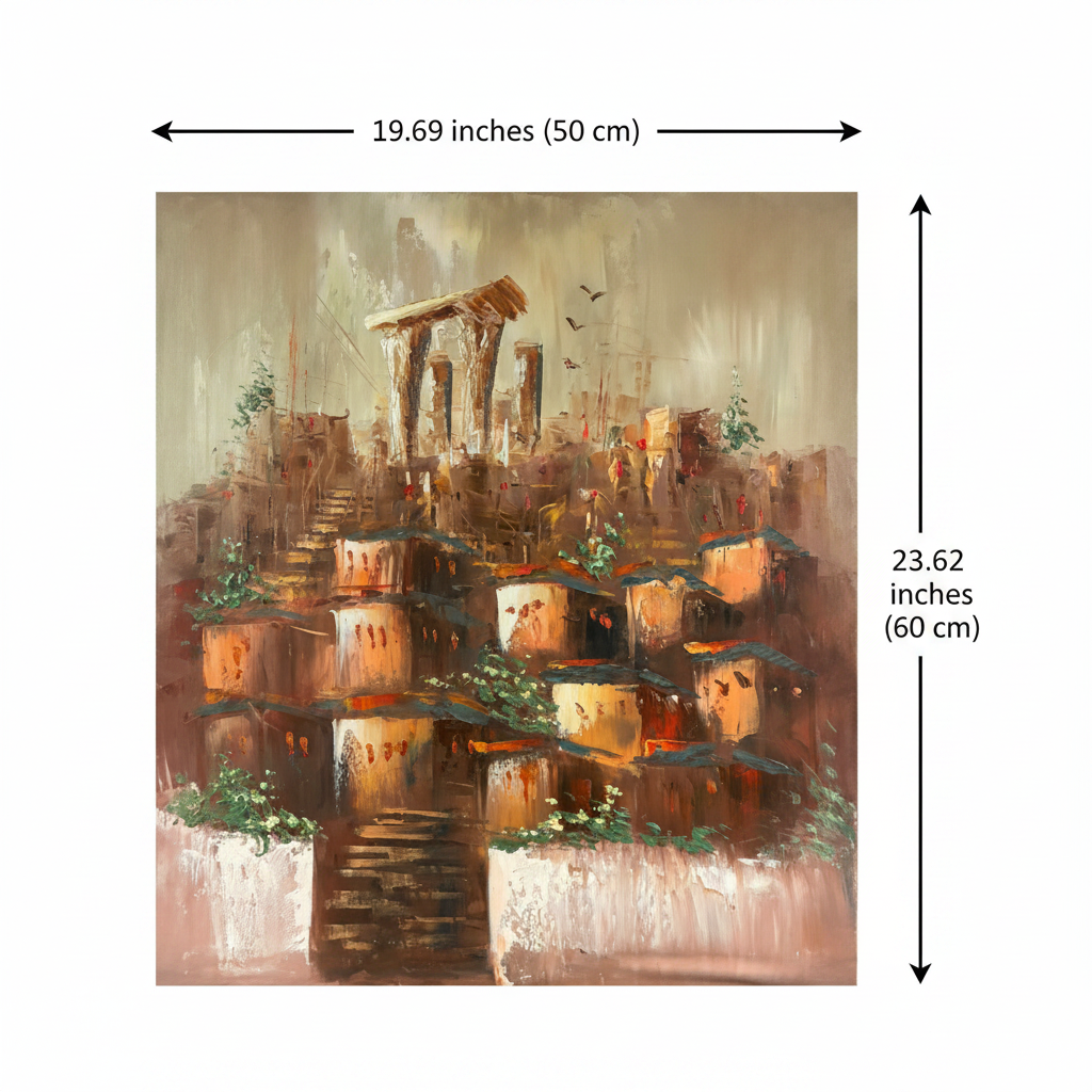 Dimension diagram 19.69 inches wide by 23.62 inches tall (50cm × 60cm) hillside village ancient ruins oil painting