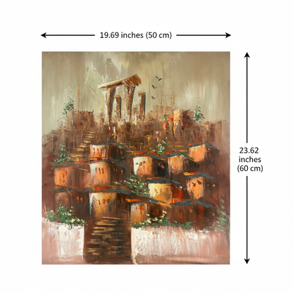 Dimension diagram 19.69 inches wide by 23.62 inches tall (50cm × 60cm) hillside village ancient ruins oil painting