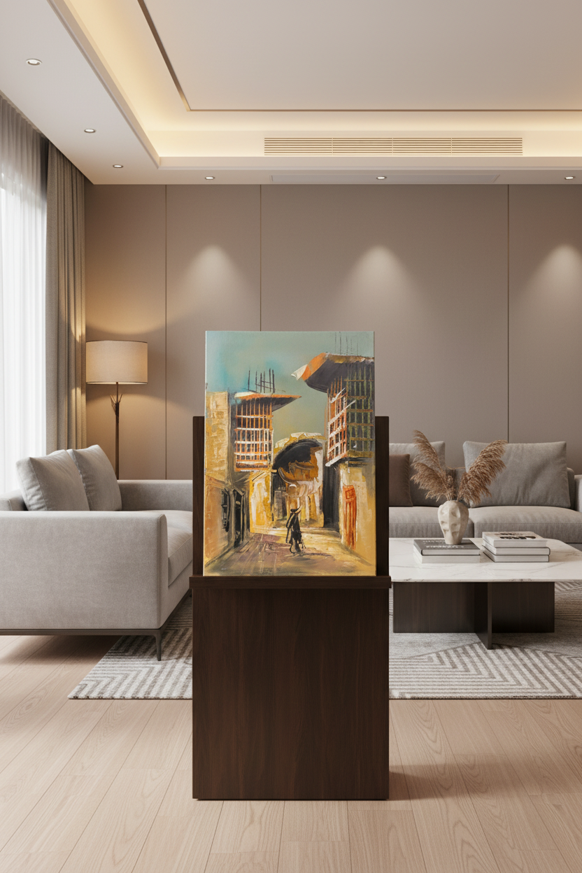 The Wanderer old town street oil painting on wooden art stand in modern living room – no frame