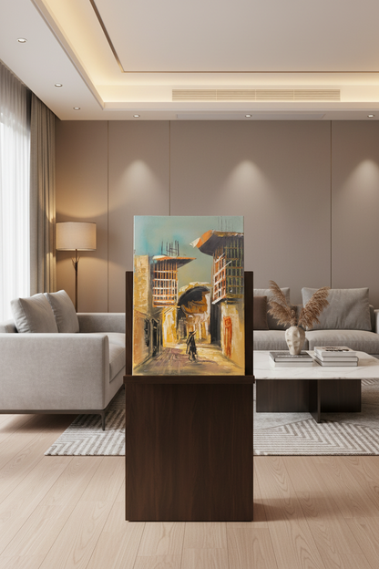 The Wanderer old town street oil painting on wooden art stand in modern living room – no frame
