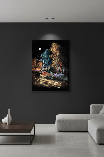 Moonlit Forest at Night oil painting on deep charcoal black wall in contemporary gallery-style living room — no frame, dramatic spot lighting