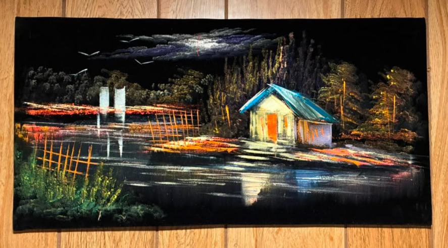 Teal Roof Cottage by the Lake at Night — Original Oil Painting on Canvas | 23.62" × 11.81"