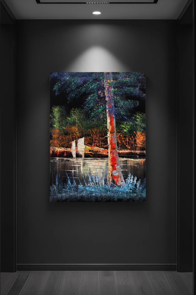 Forest River Birch Tree oil painting on charcoal grey modern hallway wall — luxury interior staging