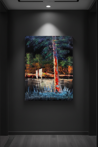 Forest River Birch Tree oil painting on charcoal grey modern hallway wall — luxury interior staging