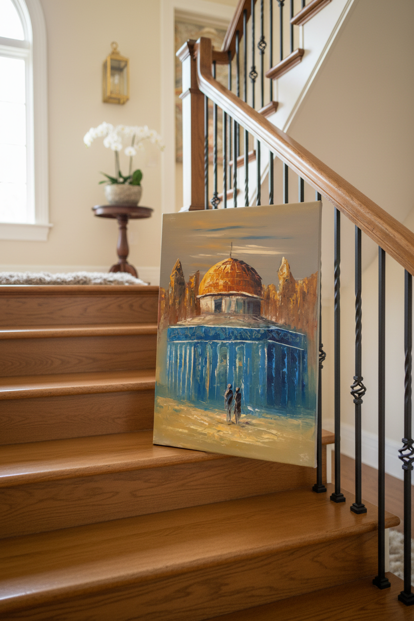 Dome of the Rock close view oil painting staged on luxury staircase ledge – no frame