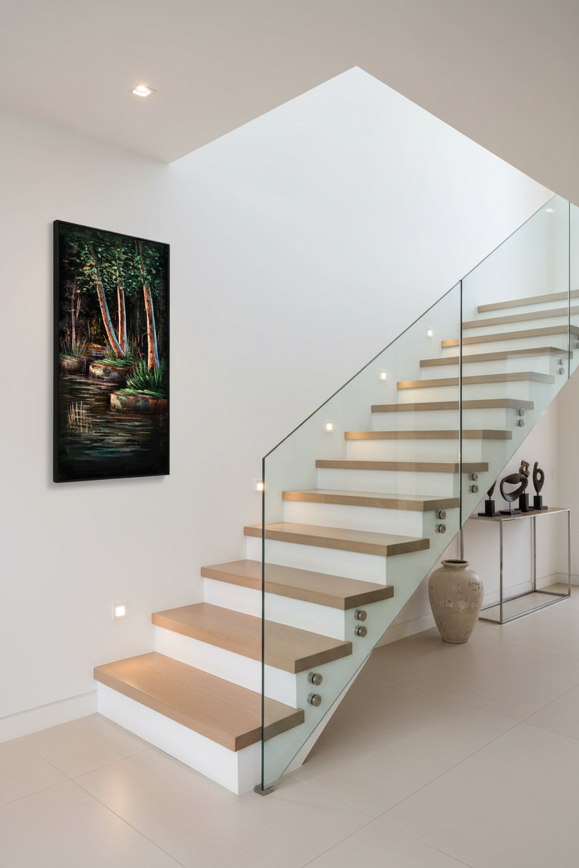 Forest pond painting displayed on staircase wall in luxury home interior