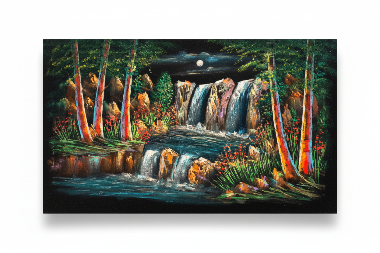 Moonlit forest waterfall night scene canvas wall art on white background with shadow – 47x24 inches