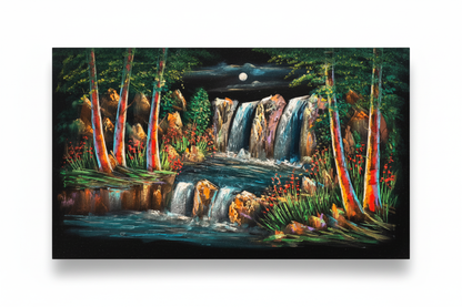 Moonlit forest waterfall night scene canvas wall art on white background with shadow – 47x24 inches