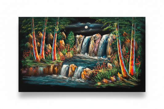 Moonlit forest waterfall night scene canvas wall art on white background with shadow – 47x24 inches