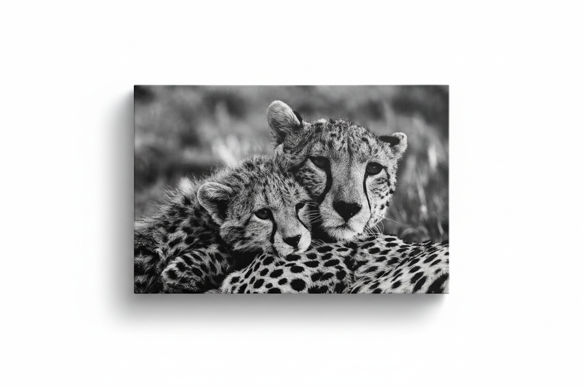 Cheetah mother and cub black and white canvas print isolated on white background with drop shadow, unframed 35.43 by 23.62 inches