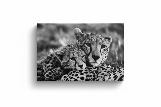 Cheetah mother and cub black and white canvas print isolated on white background with drop shadow, unframed 35.43 by 23.62 inches