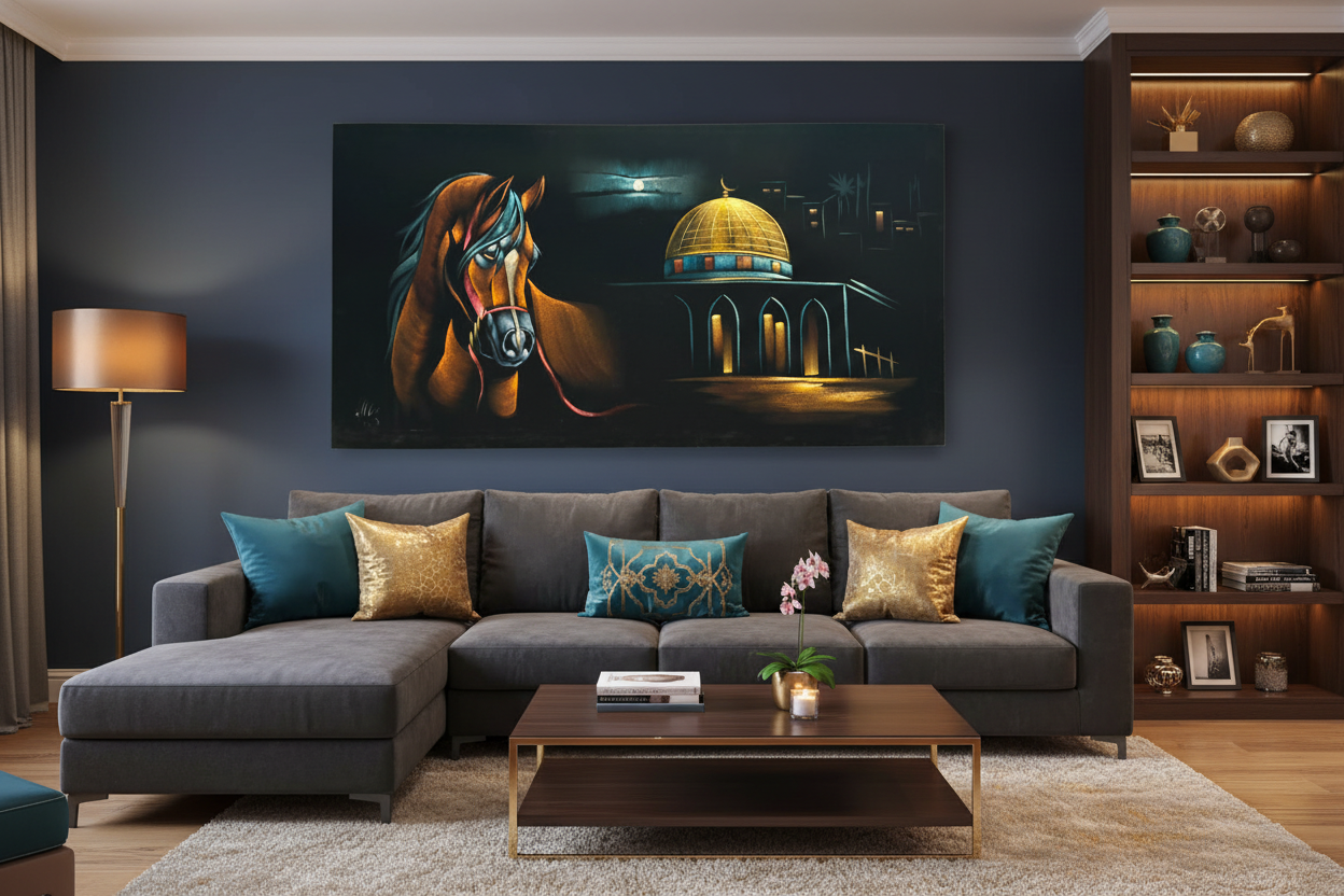 Arabian horse and Dome of the Rock night scene canvas wall art displayed in modern living room above sofa