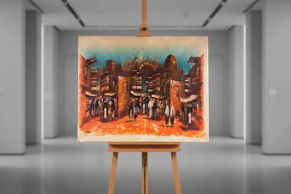 Ancient city gate bazaar oil painting on wooden art easel stand, gallery setting, no frame, correct landscape proportions