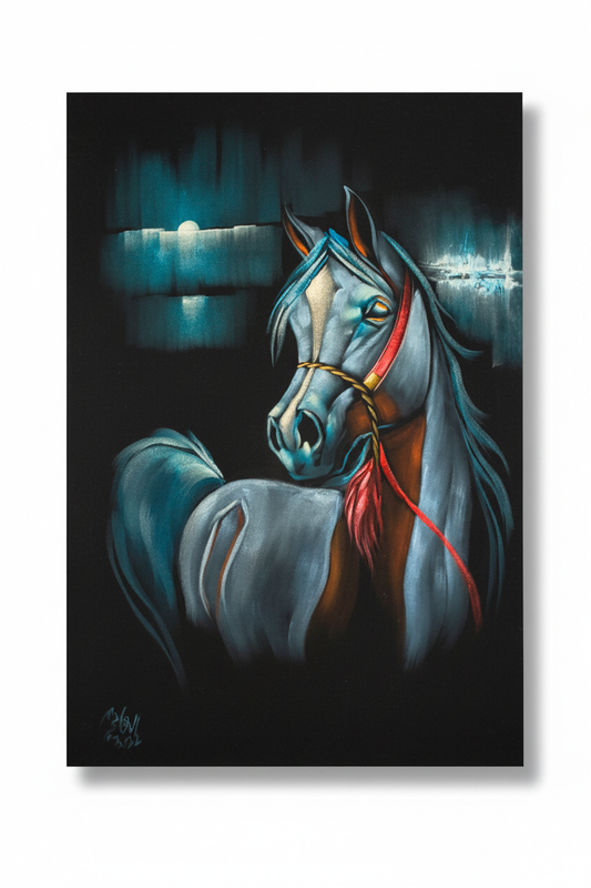 Moonlit grey Arabian horse portrait canvas art on white background with shadow — clean product view