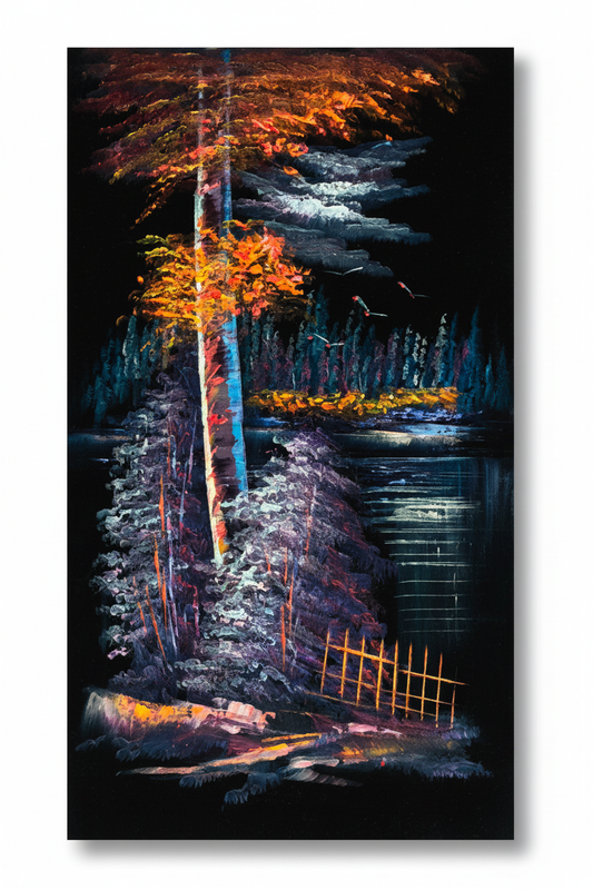 Autumn Birch by Night original oil painting on white background with natural shadow