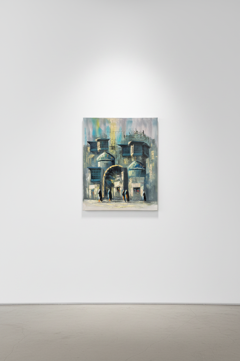 Historic city gate teal domes oil painting hung on clean empty white gallery wall, no frame, soft directional spotlight shadow