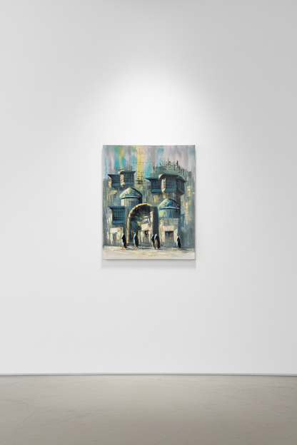 Historic city gate teal domes oil painting hung on clean empty white gallery wall, no frame, soft directional spotlight shadow