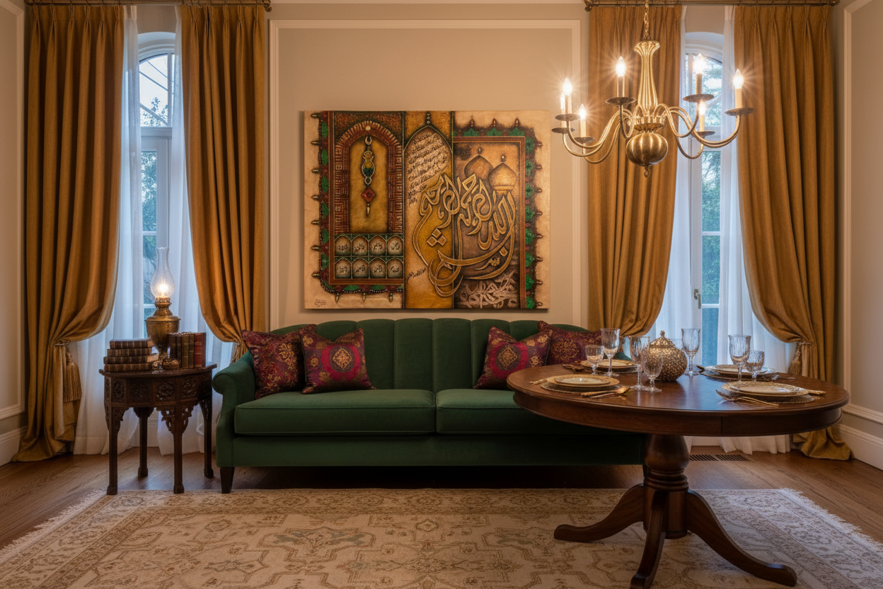 Islamic mixed media canvas art displayed in sophisticated dining area
