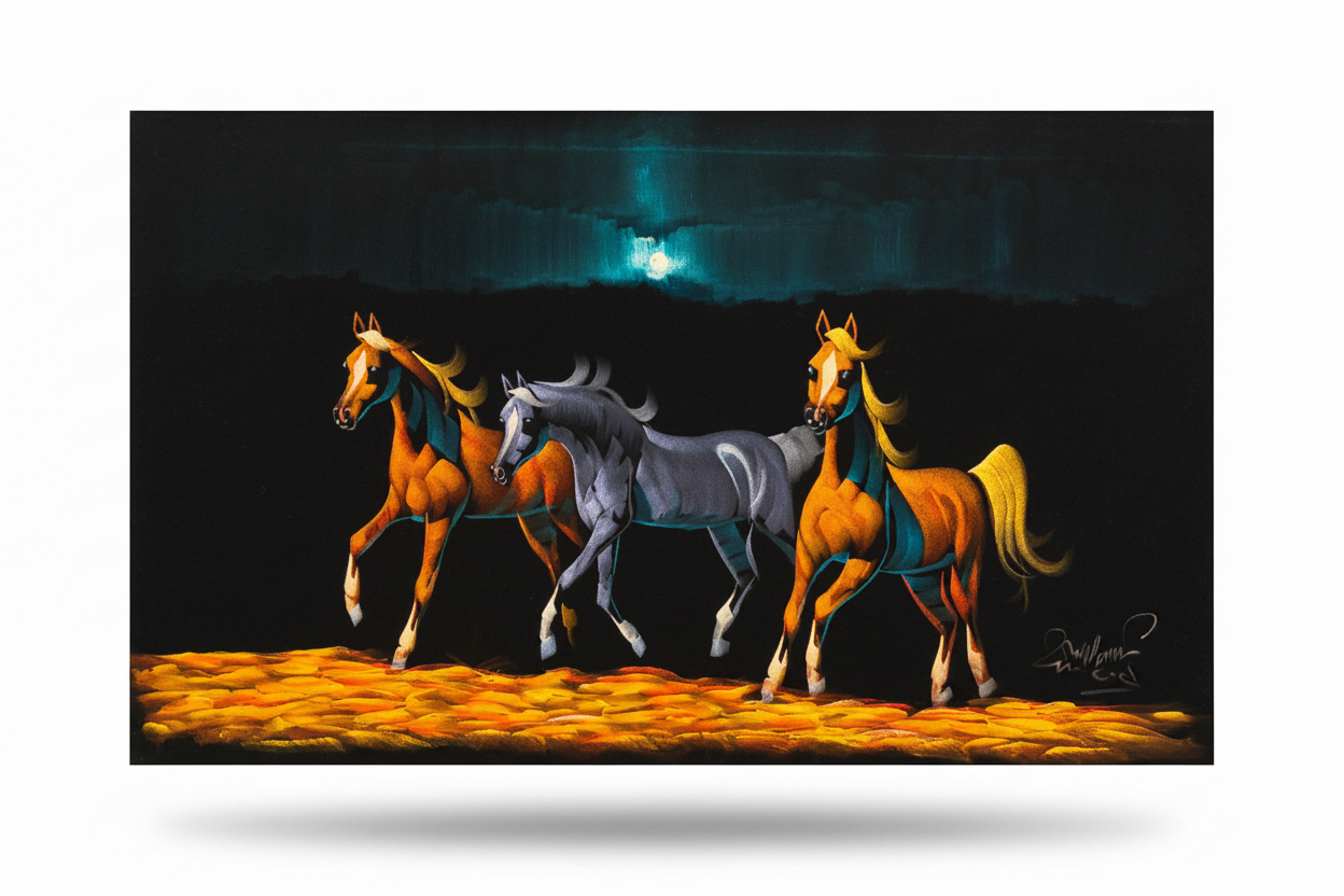 Three Arabian horses galloping at night canvas wall art on white background with shadow – 47x24 inches