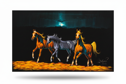 Three Arabian horses galloping at night canvas wall art on white background with shadow – 47x24 inches