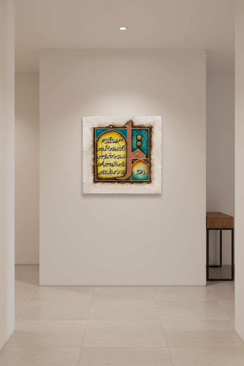 Surah Al-Nas calligraphy canvas hanging on empty hallway wall – minimal modern interior