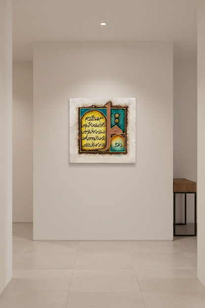 Surah Al-Nas calligraphy canvas hanging on empty hallway wall – minimal modern interior
