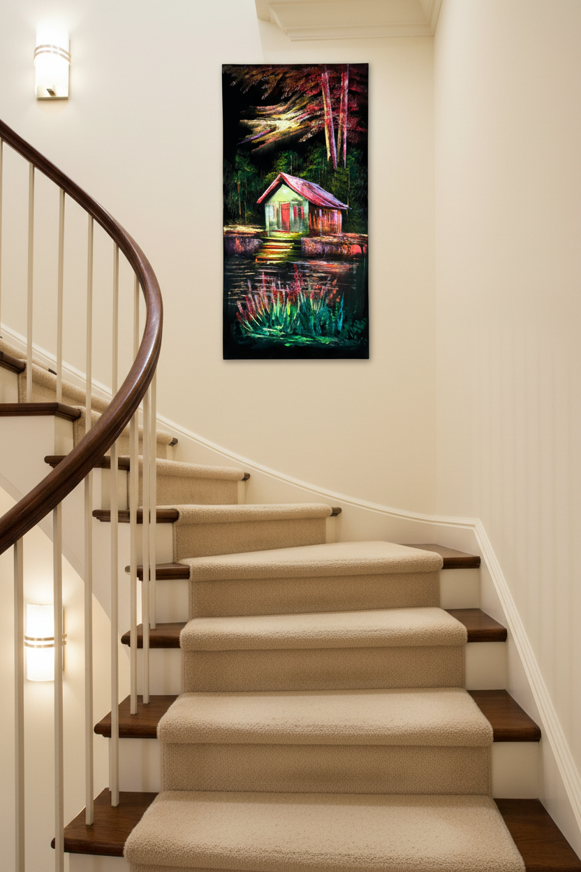 Lakeside Cottage painting displayed in elegant staircase interior setting