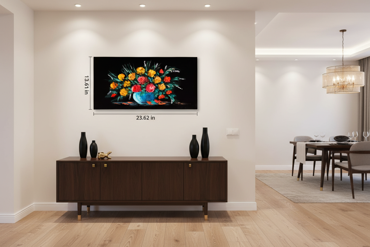 Original wide floral bouquet painting displayed unframed on an ivory wall in an elegant dining room