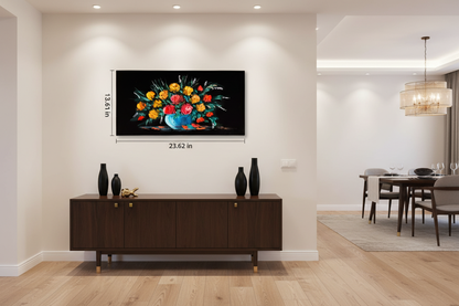 Original wide floral bouquet painting displayed unframed on an ivory wall in an elegant dining room