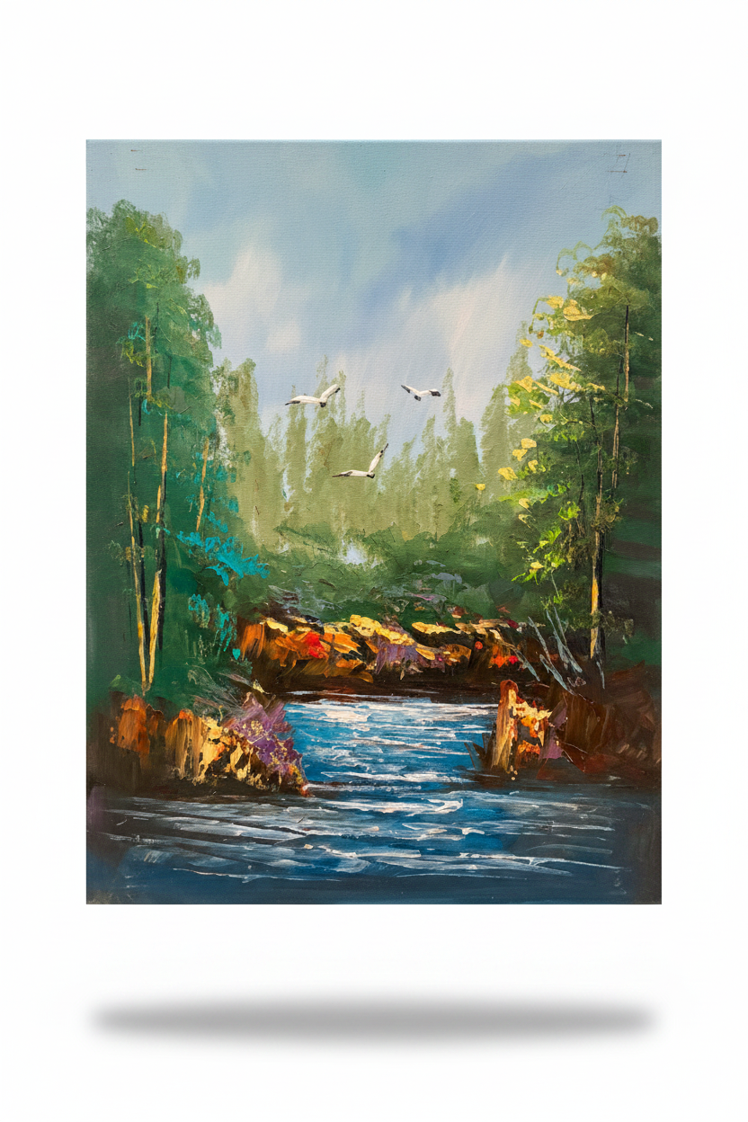 Forest river oil painting isolated with shadow, no background