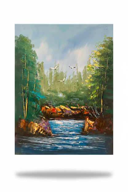 Forest river oil painting isolated with shadow, no background