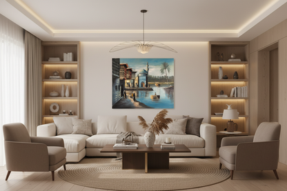 Original Middle Eastern riverside mosque oil painting hanging in a luxury family room — frameless wall art, 39.37 x 31.50 inches