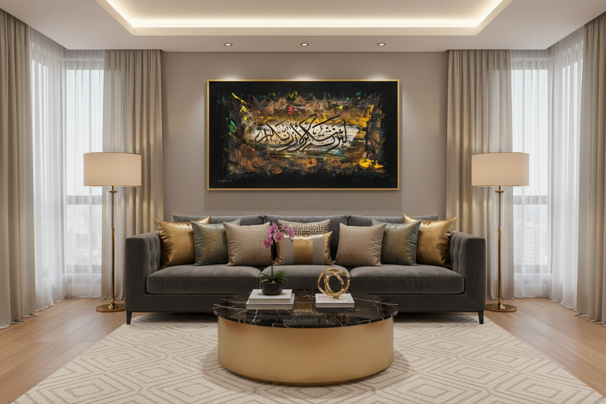 Islamic calligraphy abstract canvas wall art displayed in modern living room above sofa