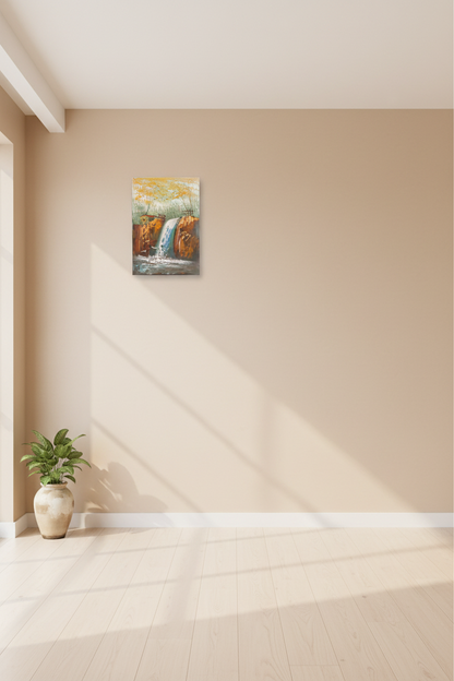 Autumn waterfall landscape oil painting hung on empty wall – frameless display