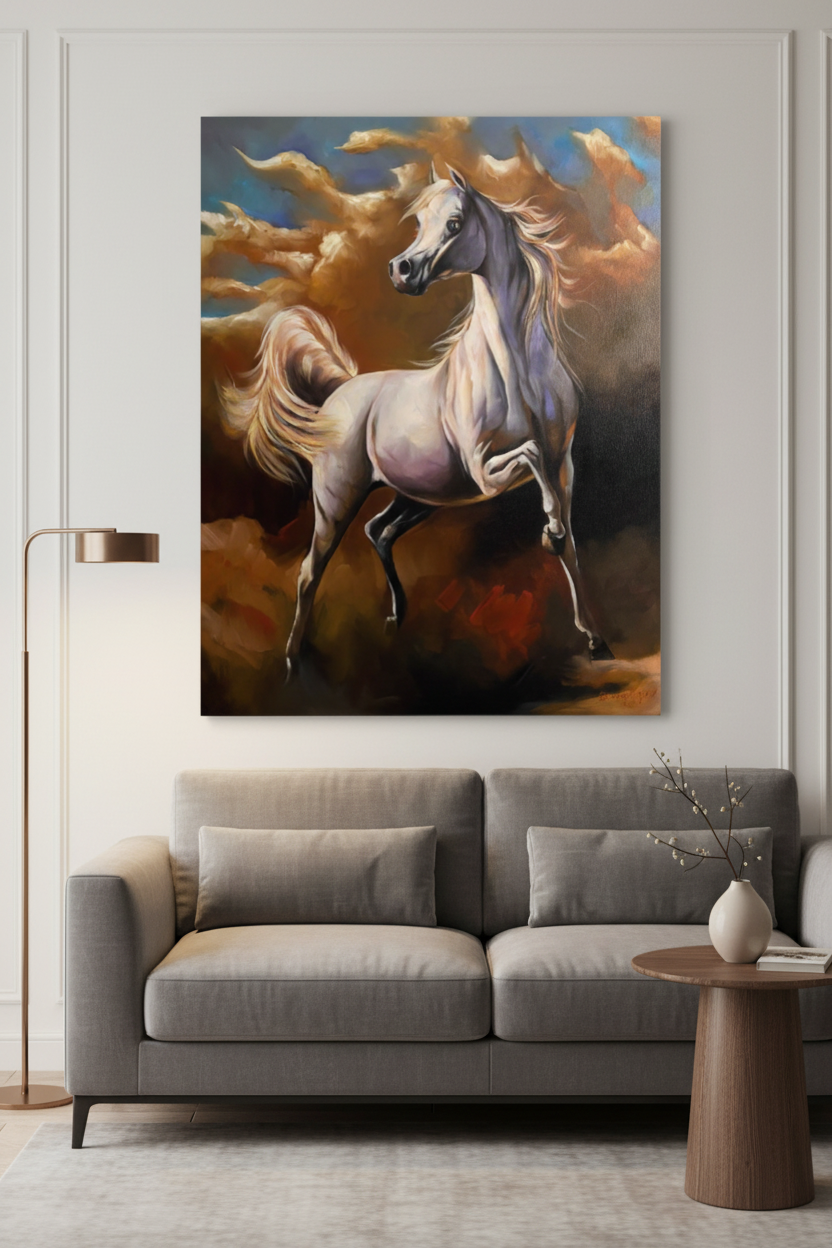 White Arabian horse rearing canvas displayed as centerpiece above sofa in elegant modern living room