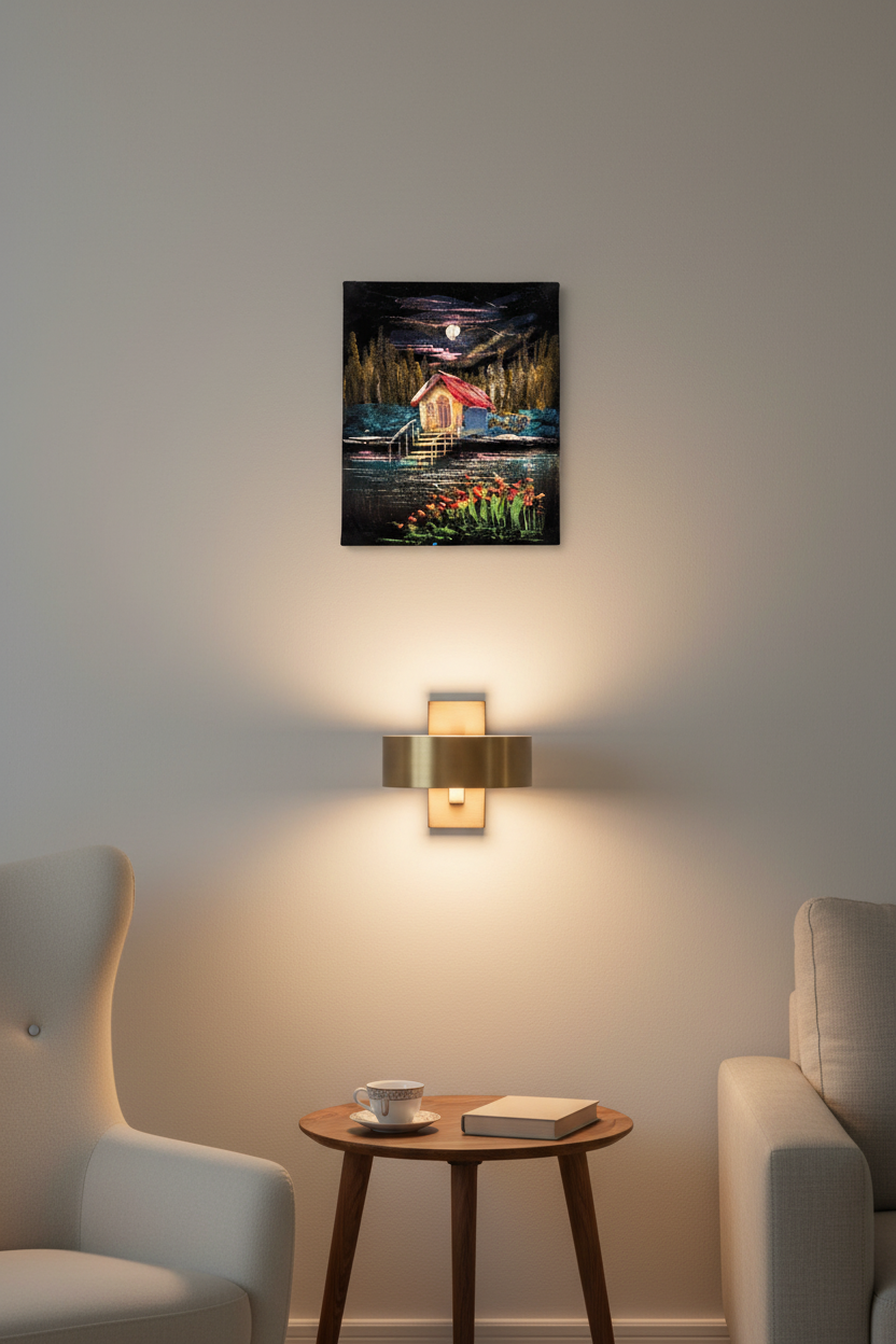 Moonlit lakeside cottage night canvas art displayed in small cozy room lifestyle photo