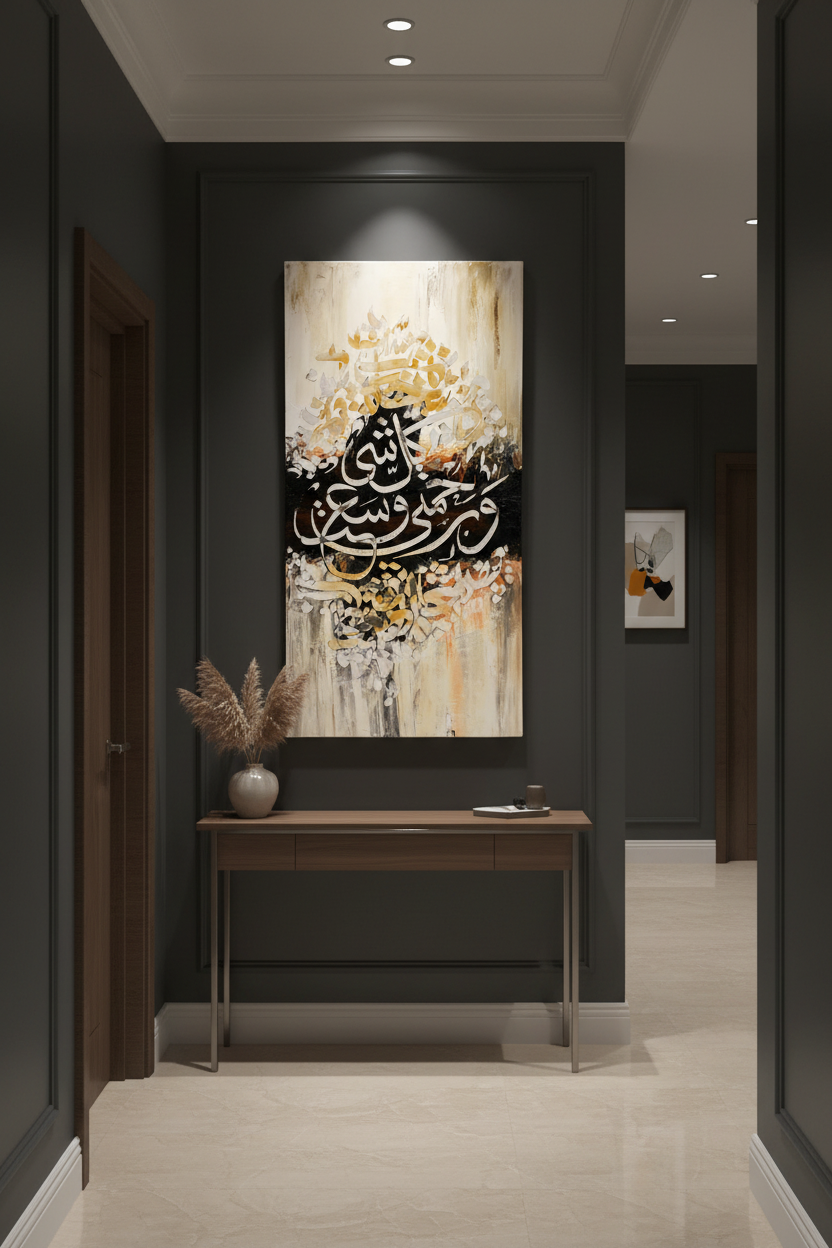 Surah Ar-Rahman Islamic calligraphy canvas art hung in a modern hallway – lifestyle mockup