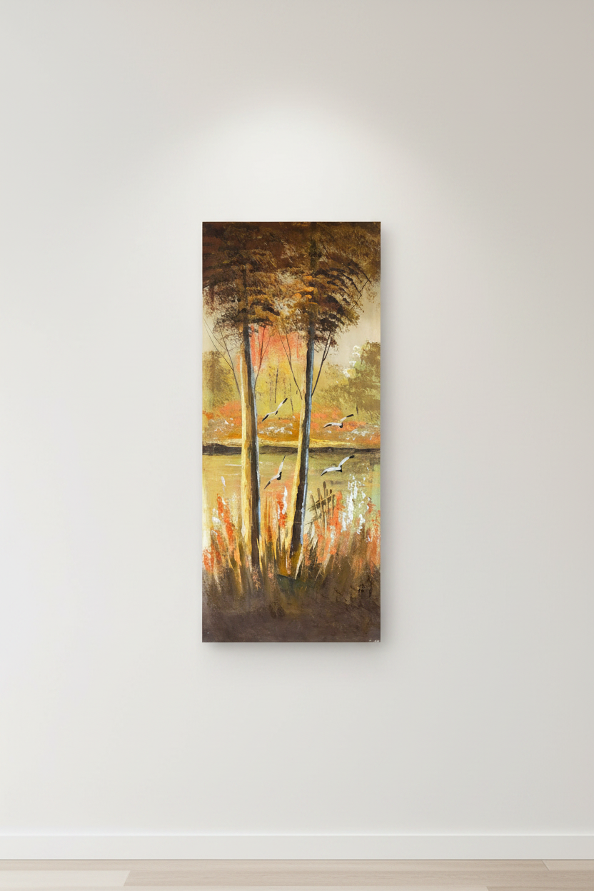 Original oil painting hung centered on a clean empty white wall, no frame, canvas only
