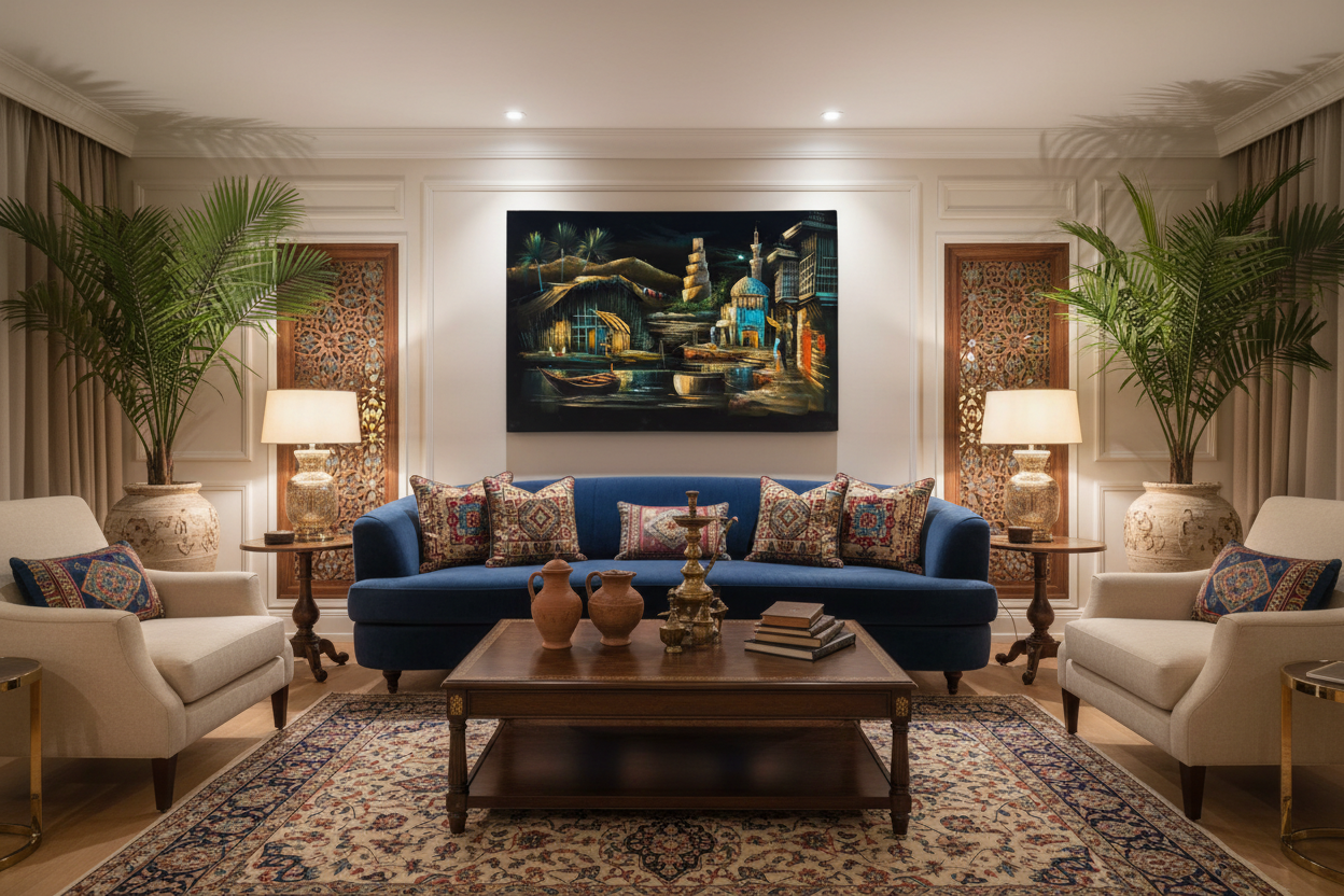 Ancient Iraqi city canvas art in elegant luxury living room — lifestyle interior mockup