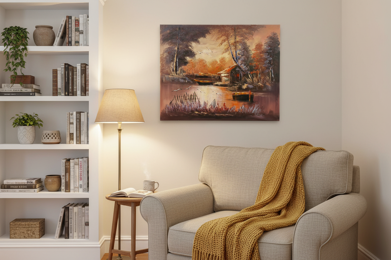 Original twilight boatyard oil painting displayed in a cozy sitting and reading room — frameless wall art