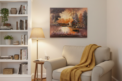 Original twilight boatyard oil painting displayed in a cozy sitting and reading room — frameless wall art
