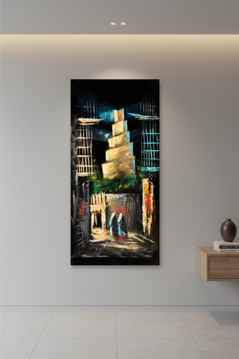 Malwiya Minaret painting displayed in modern hallway interior setting